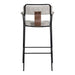 Bar stool with black metal frame, gray cushioned seat, and brown leather strap on a white background