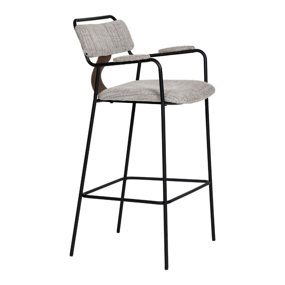 Bar stool with gray cushioned seat and backrest on a white background