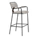 Bar stool with gray cushioned seat and backrest on a white background