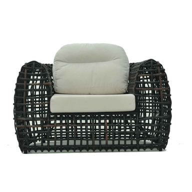 Chair with black woven frame and beige cushion on a white background