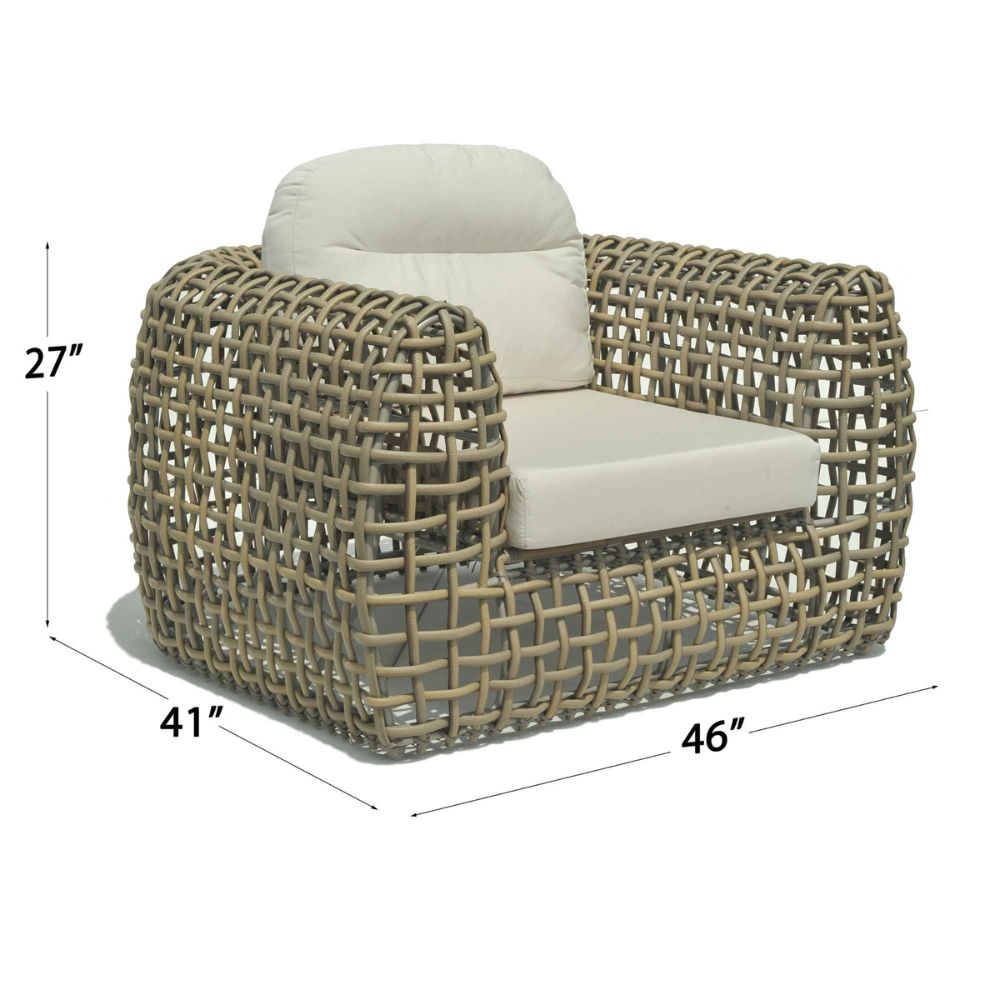 Wicker armchair with dimensions on a white background