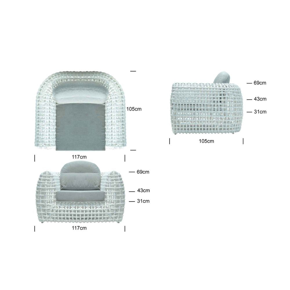 Measurement chart of a wicker chair with dimensions labeled.
