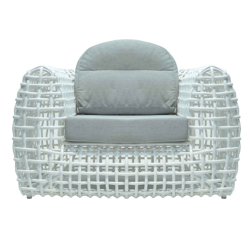 White wicker armchair with gray cushion on a white background
