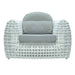 White wicker armchair with gray cushion on a white background