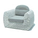 White wicker armchair with gray cushions on a white background