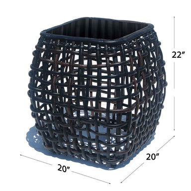 Black woven basket with dimensions on a white background