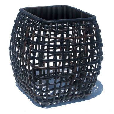 Black woven basket on a white background