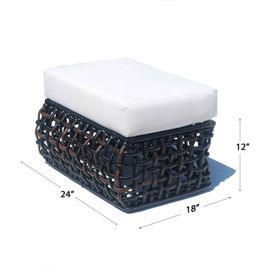 Woven ottoman with white cushion and dimensions on a white background