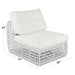 White outdoor chair with lattice design and dimensions on a white background