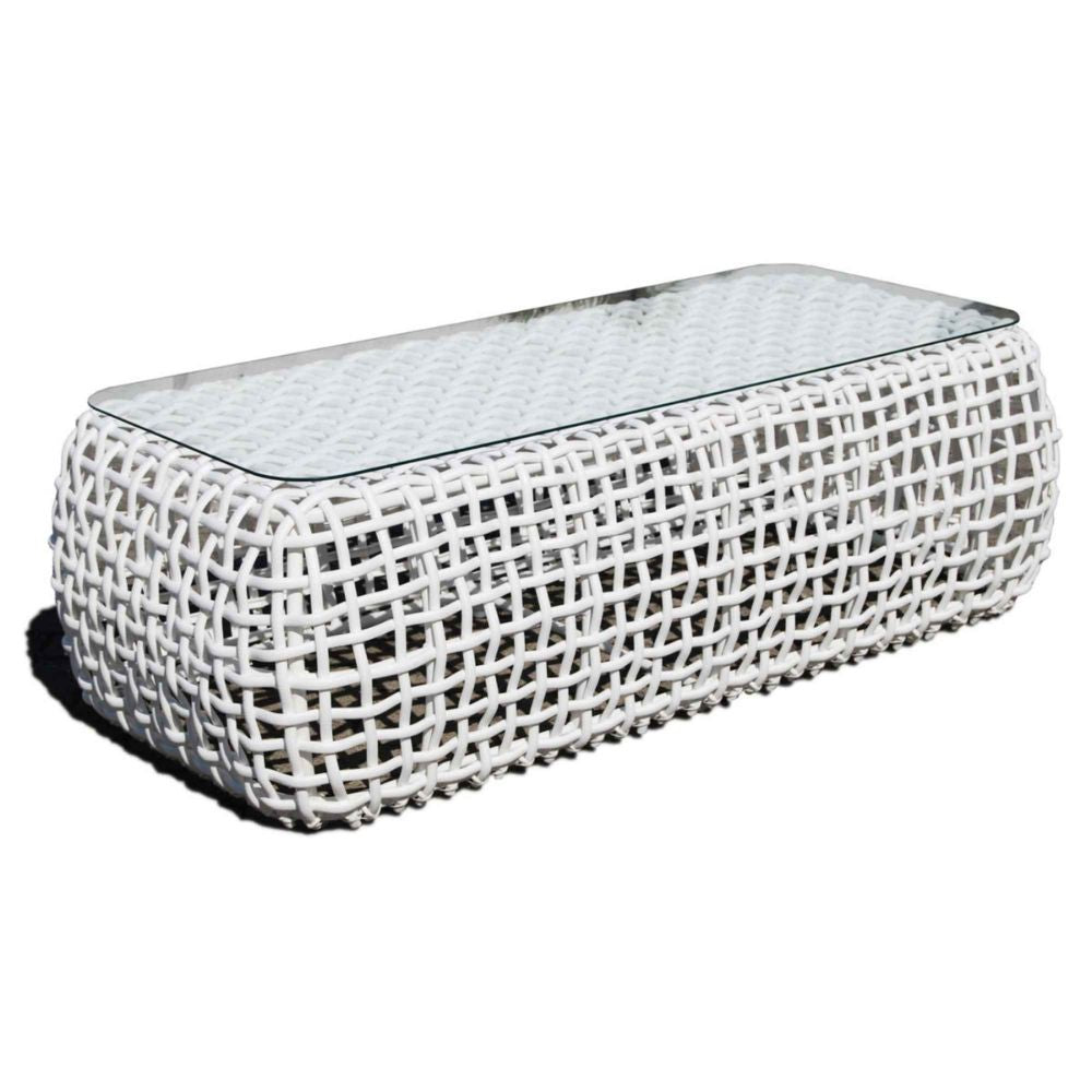 Rectangular woven bench with glass top on a white background