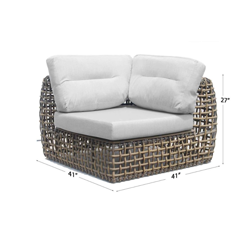 Wicker outdoor chair with white cushions and dimensions on a white background