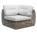Wicker outdoor loveseat with white cushions on a white background