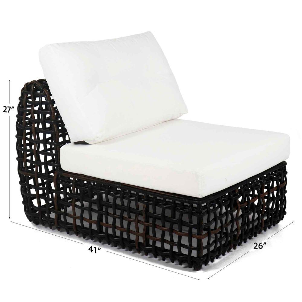 Black wicker chair with white cushions and dimensions on a white background