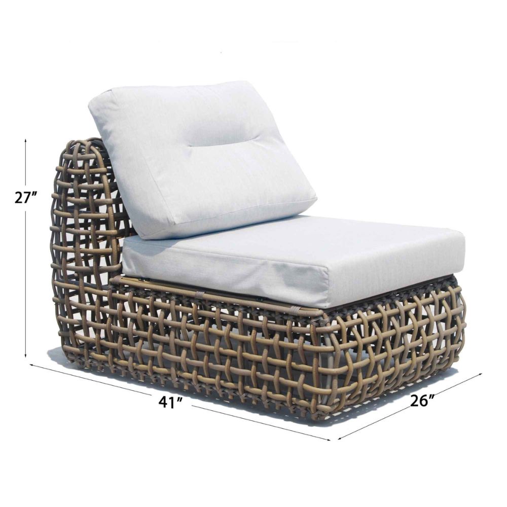 Wicker chair with white cushions and dimensions on a white background