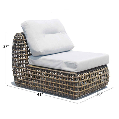 Wicker chair with white cushions and dimensions on a white background