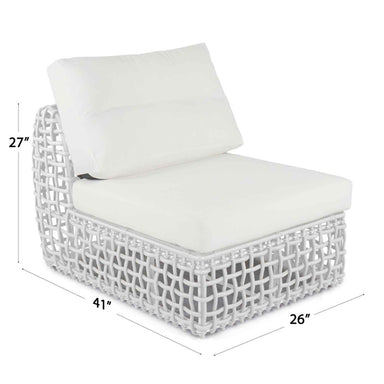 White outdoor chair with lattice design and dimensions on a white background