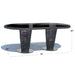 Black coffee table with wicker base and dimensions on a white background