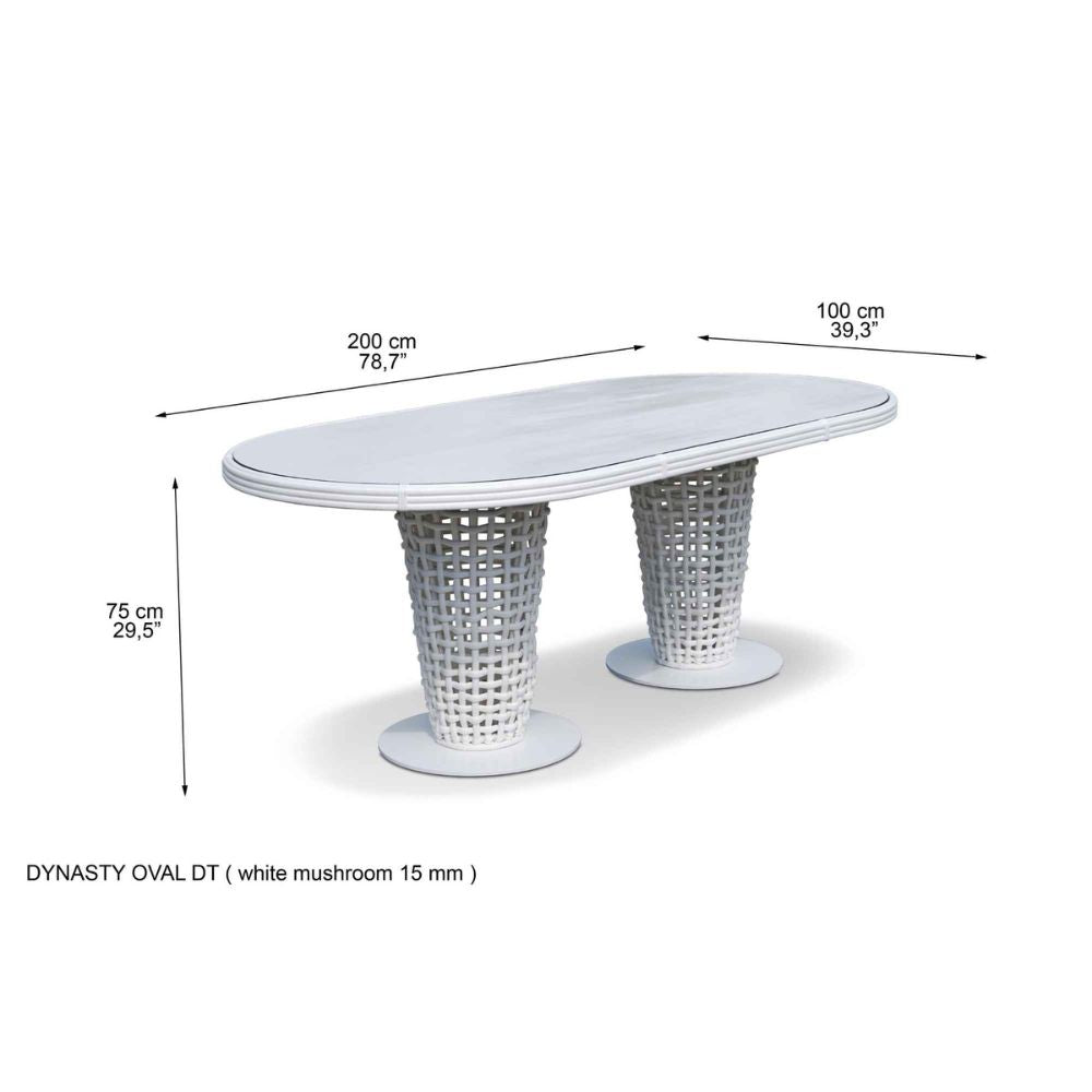 White oval table with dimensions labeled on a white background