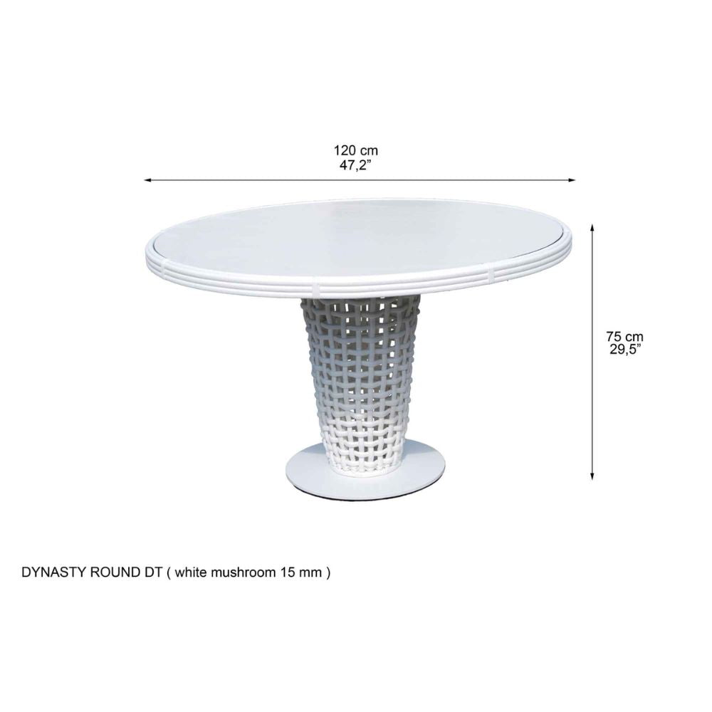 Round white table with dimensions on a white background