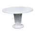 Round white table with a textured base on a white background