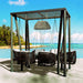 Outdoor patio set with swing and table by the beach