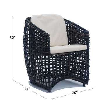 Wicker chair with beige cushion and dimensions labeled on a white background