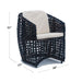 Wicker chair with beige cushion and dimensions labeled on a white background