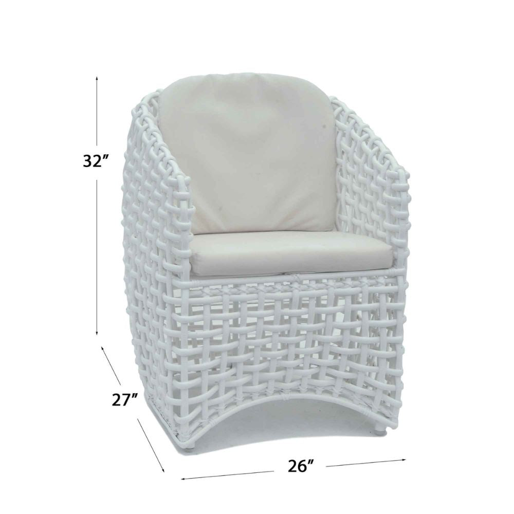White wicker chair with beige cushion and dimensions on a white background