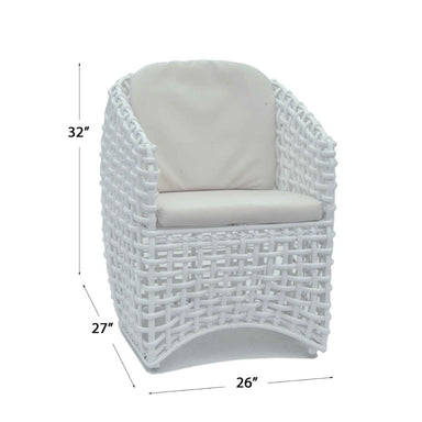 White wicker chair with beige cushion and dimensions on a white background