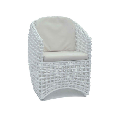White wicker chair with beige cushion on a white background