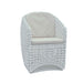 White wicker chair with beige cushion on a white background