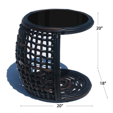 Black woven side table with dimensions on a white background
