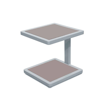 Two-tiered table with a beige top and gray base on a white background