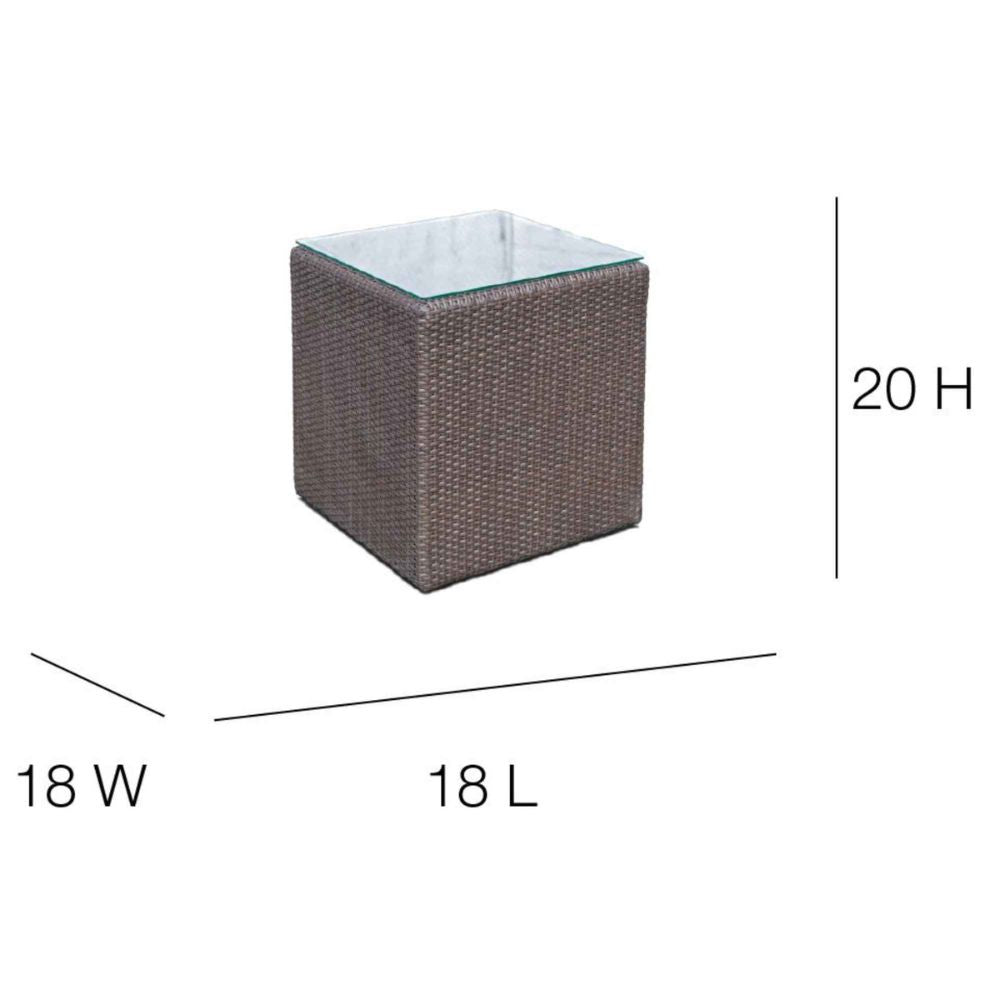 Square glass table with dimensions labeled on a white background