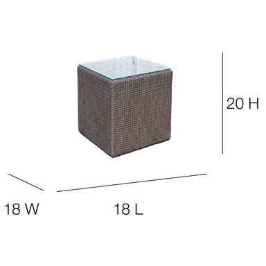 Square glass table with dimensions labeled on a white background