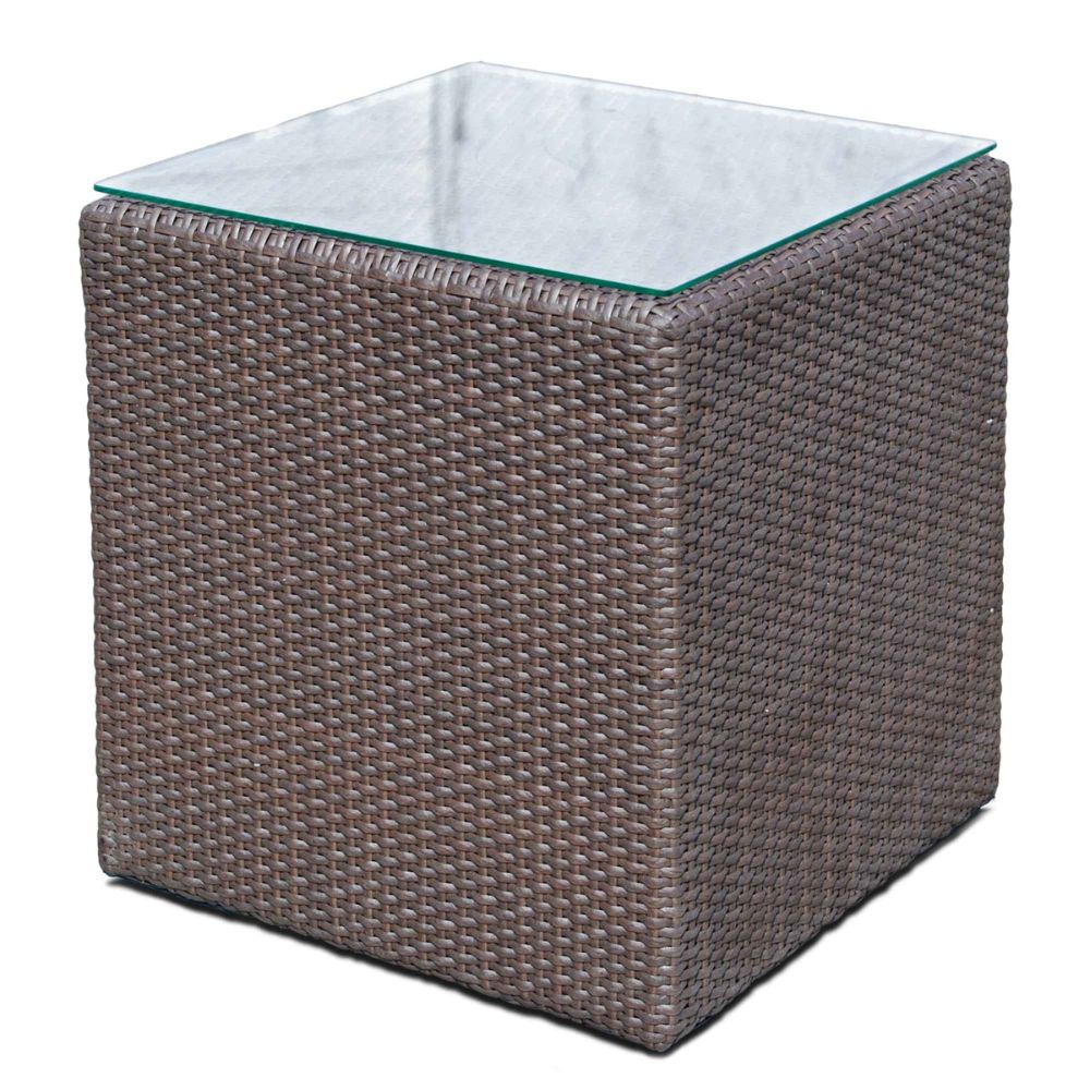 Square woven outdoor table with glass top on a white background