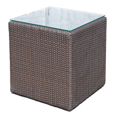 Square woven outdoor table with glass top on a white background