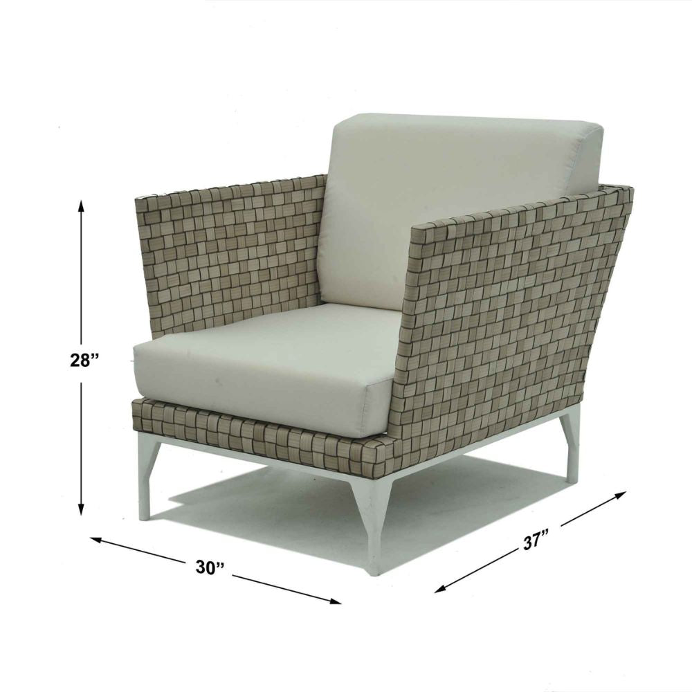 Chair with white cushion and wicker frame, shown with dimensions on a white background