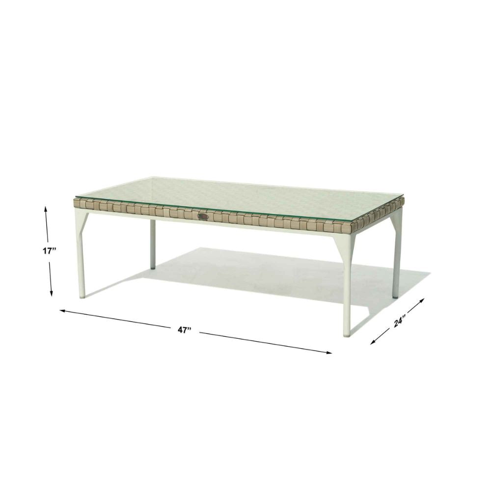 Coffee table with dimensions labeled on a white background