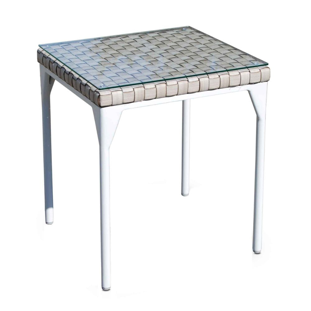 Small square table with a mosaic glass top on a white background