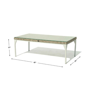 Coffee table with dimensions labeled on a white background