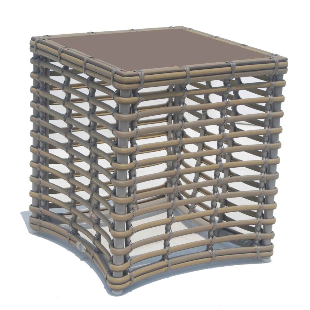 Square side table with woven design on a white background