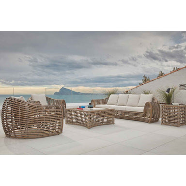 Outdoor patio furniture set with a scenic background