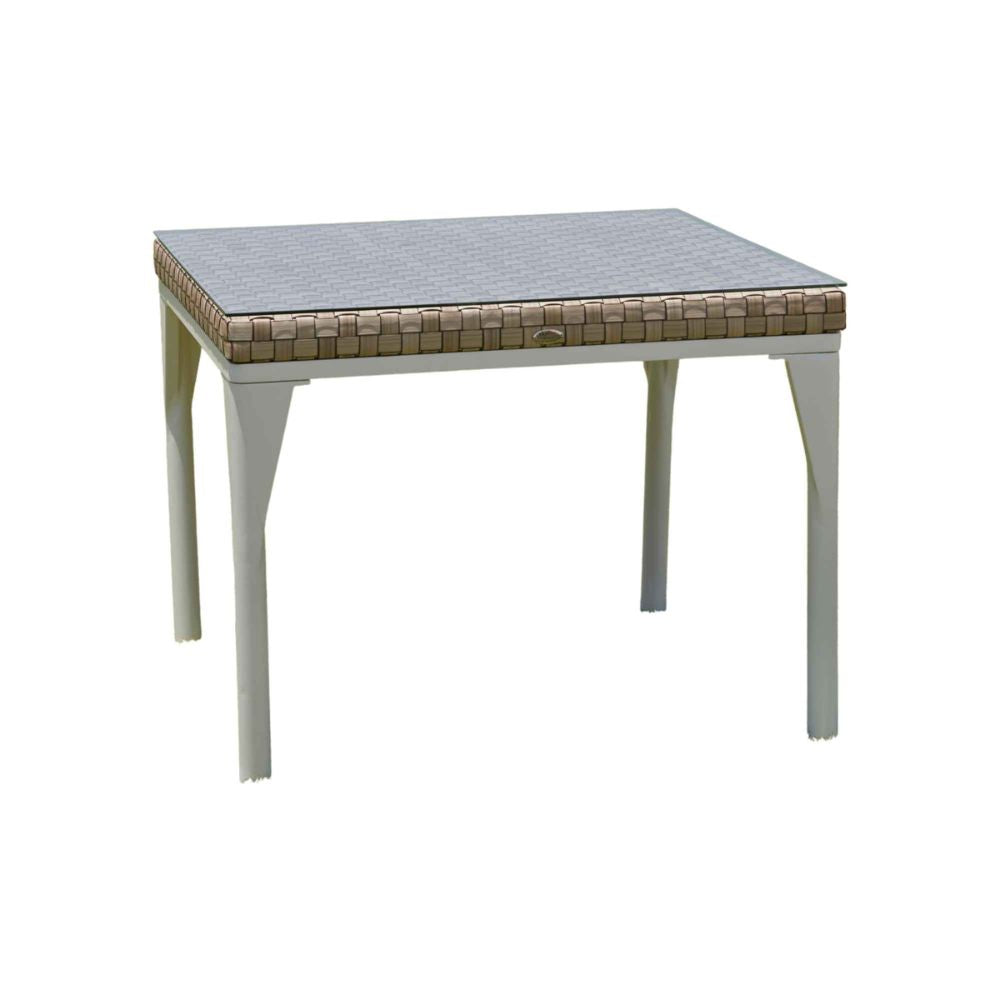 Square table with a woven top and white legs on a white background