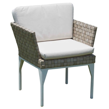 Chair with woven backrest and white cushion on a white background