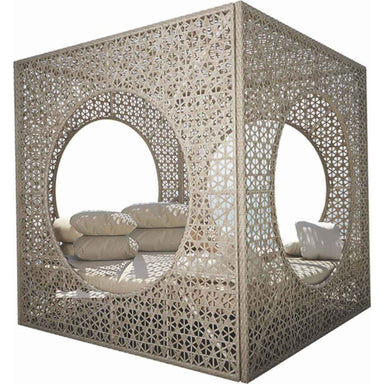 Decorative outdoor chair with intricate lattice design on a white background
