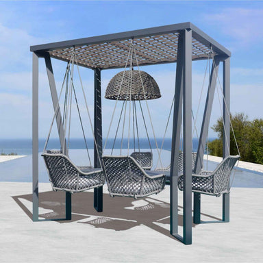 Outdoor swing set with three seats under a canopy, set against a scenic background.