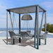 Outdoor swing set with three seats under a canopy, set against a scenic background.