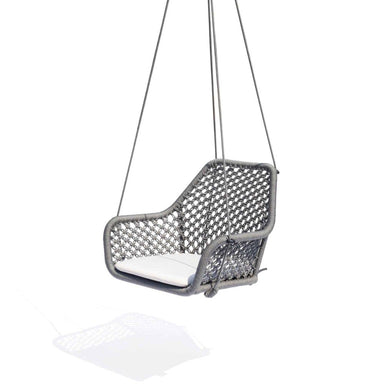 Gray mesh hanging chair with white cushion on a white background