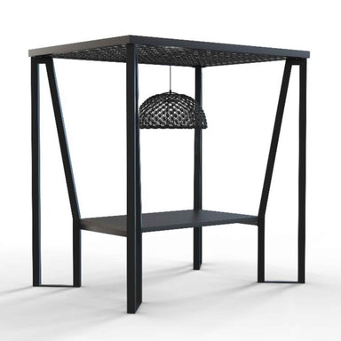 Black metal table with a woven lampshade on a white background